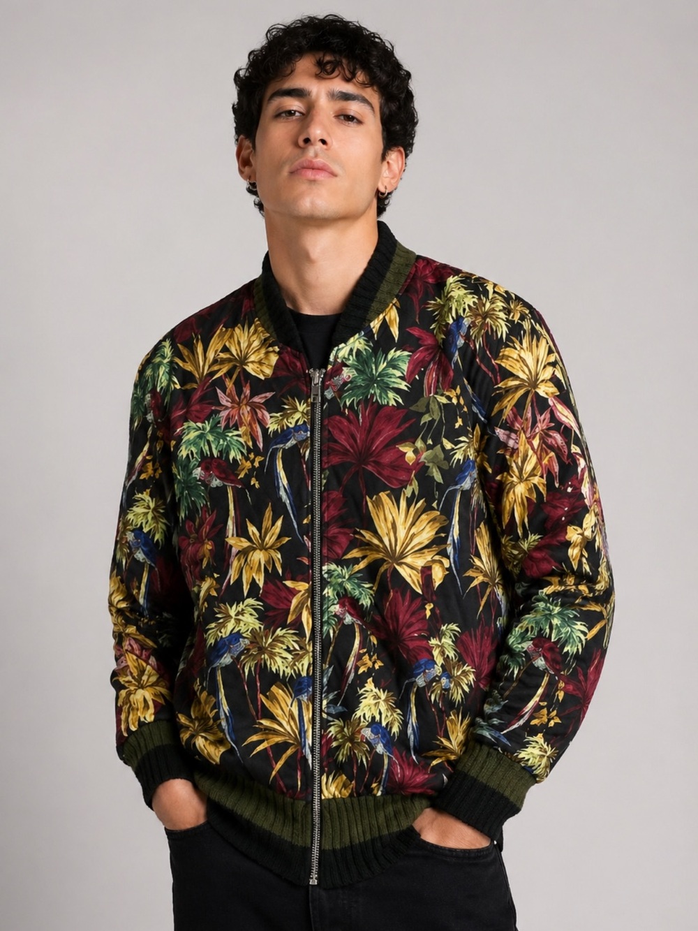 Zara Basic Women’s XS Oversized Tropical Puffer Bomber Jacket Birds Comfy